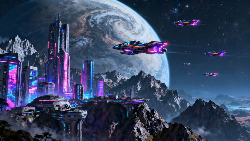 科幻未来城市与星际飞船-图片