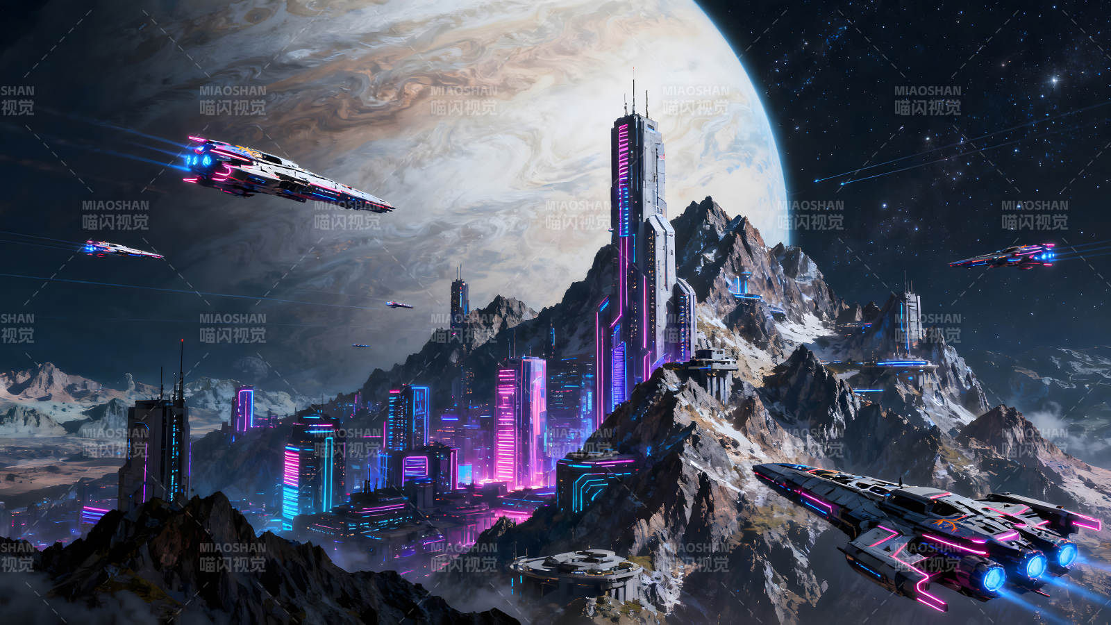 未来城市在星球山脉中穿梭-图片