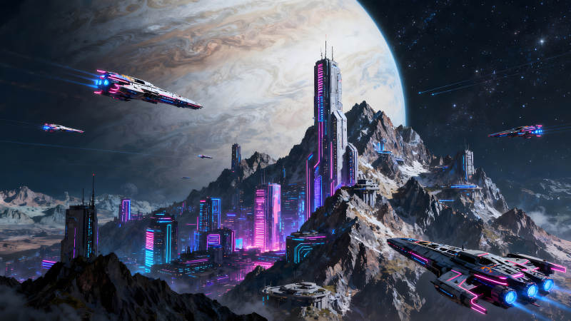 未来城市在星球山脉中穿梭-图片