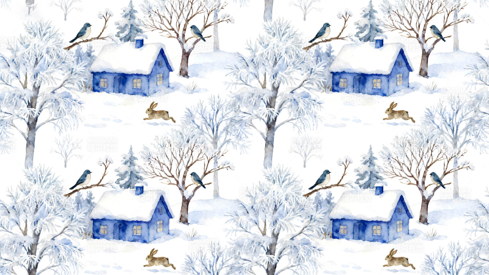 冬日雪景風光藍房子雪兔飛鳥-圖片