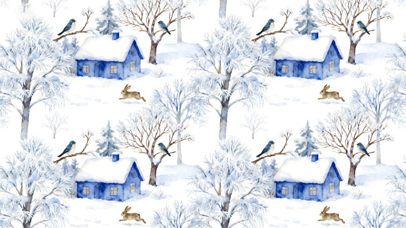 冬日雪景風光藍房子雪兔飛鳥-圖片