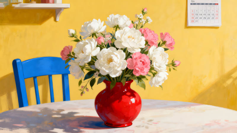 鮮花靜物繪畫紅色的花瓶-圖片