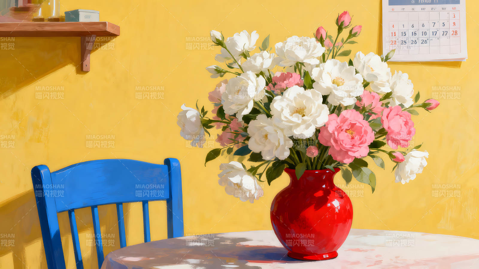 鮮花紅瓶與藍椅室內場景-圖片