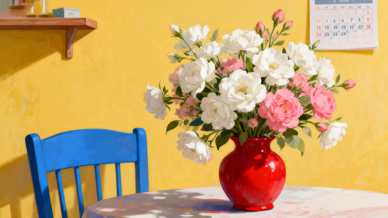 鮮花紅瓶與藍椅室內場景-圖片