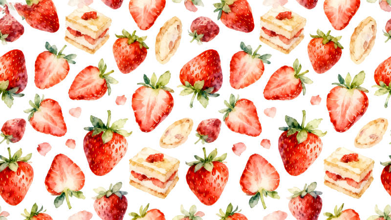 水彩草莓甜点背景图案-图片
