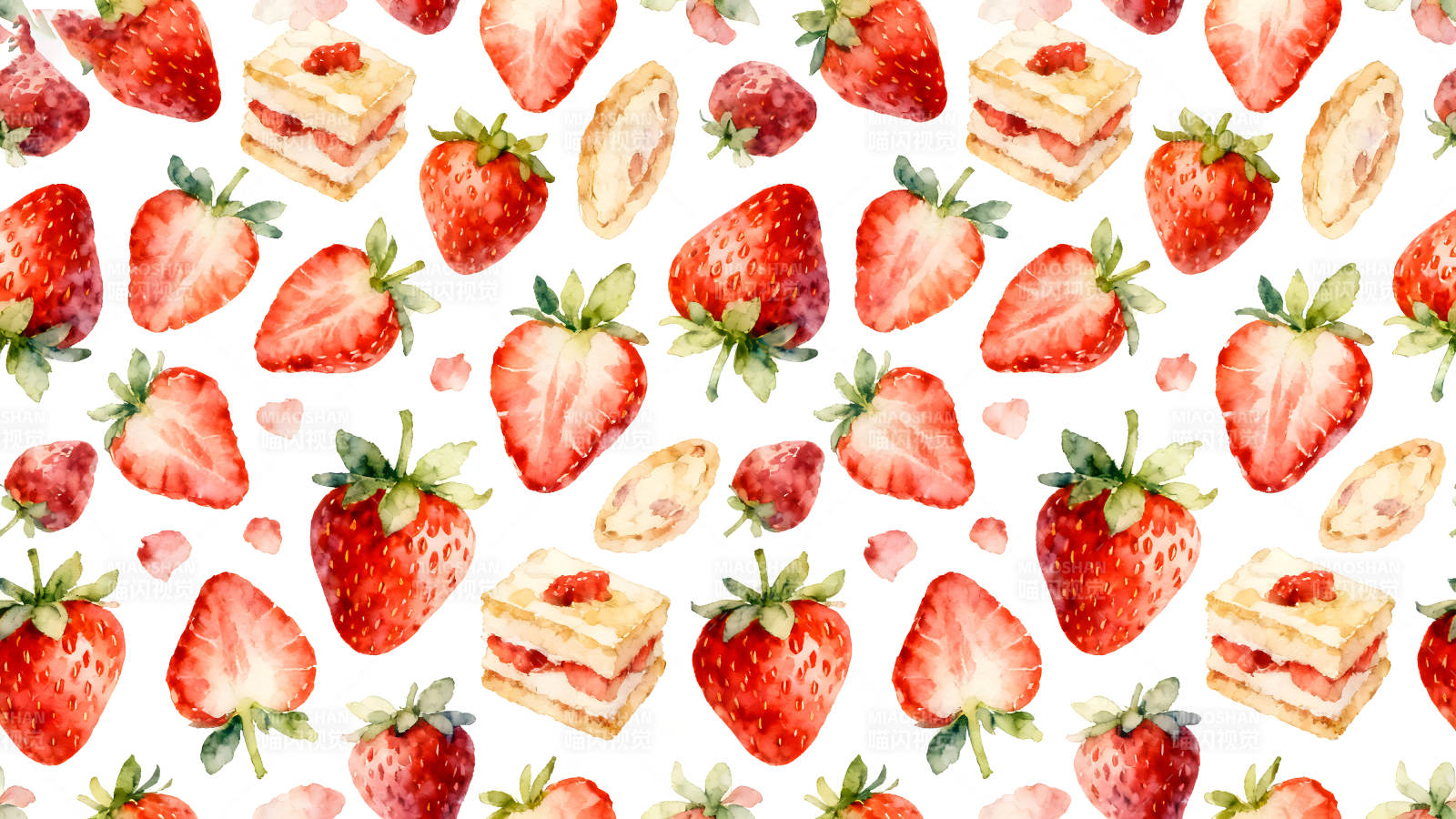 水彩草莓甜点背景图案-图片