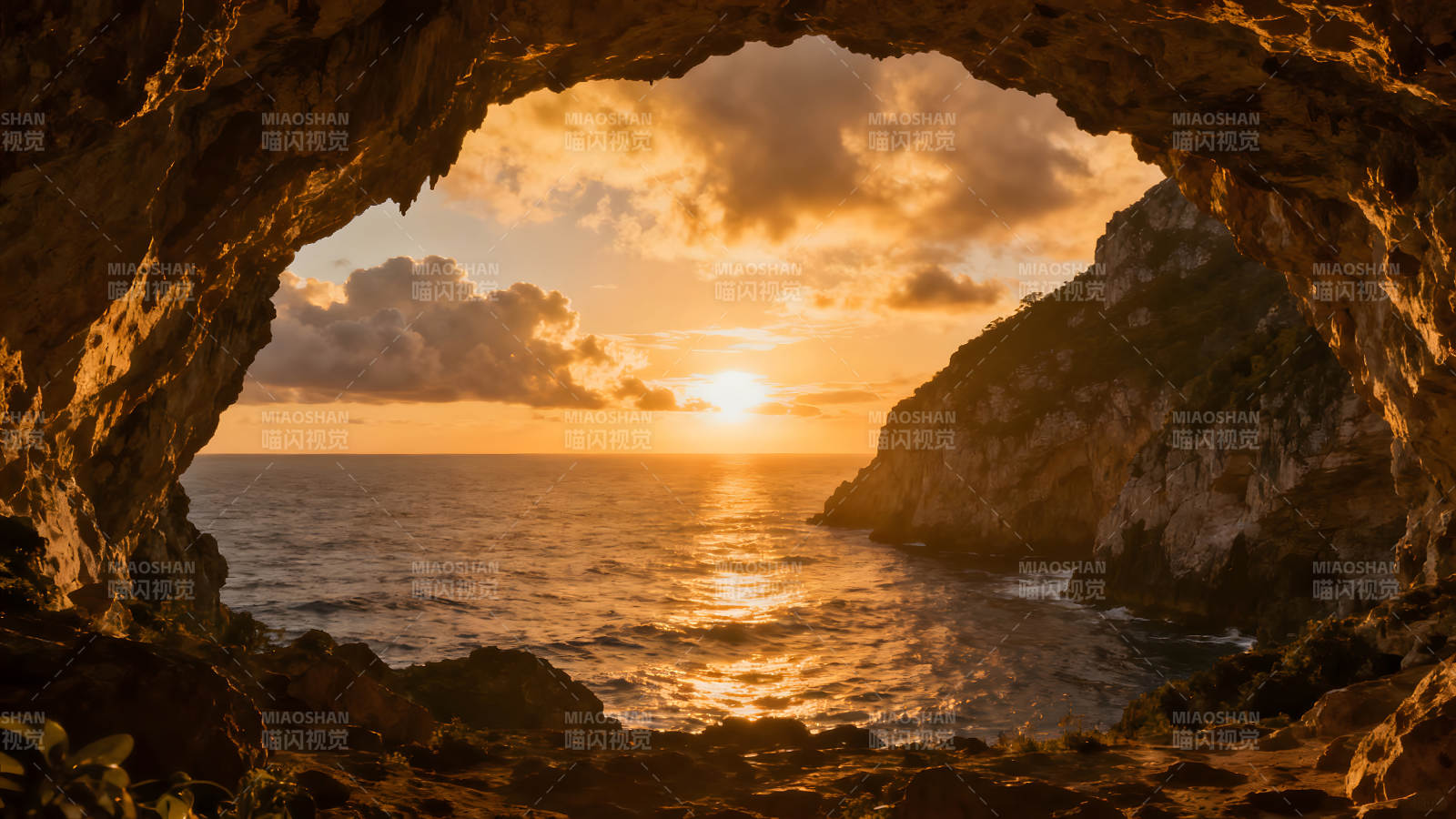 洞穴看日落海景壮丽景色图片