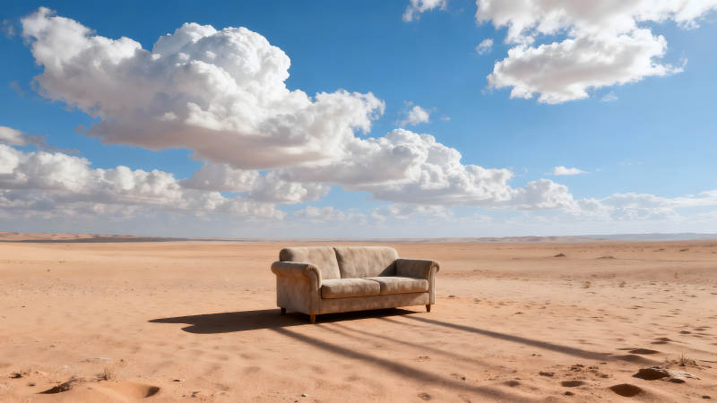 沙漠中的沙发蓝天白云-图片