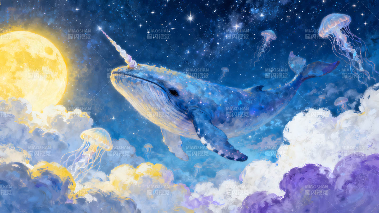 獨角鯨在夢幻星空遨游-圖片