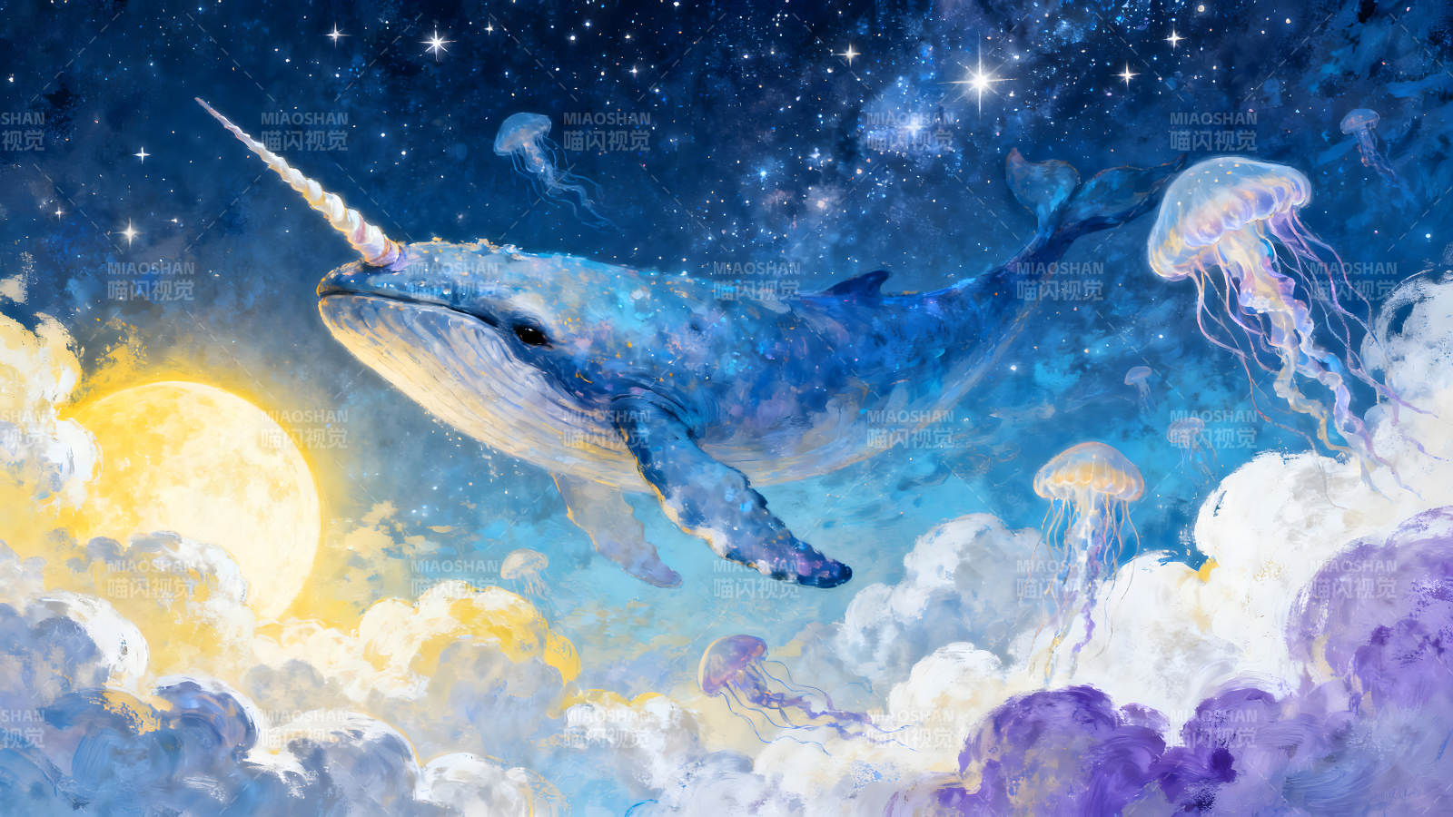 星空鲸鱼独角兽与梦幻水母图片