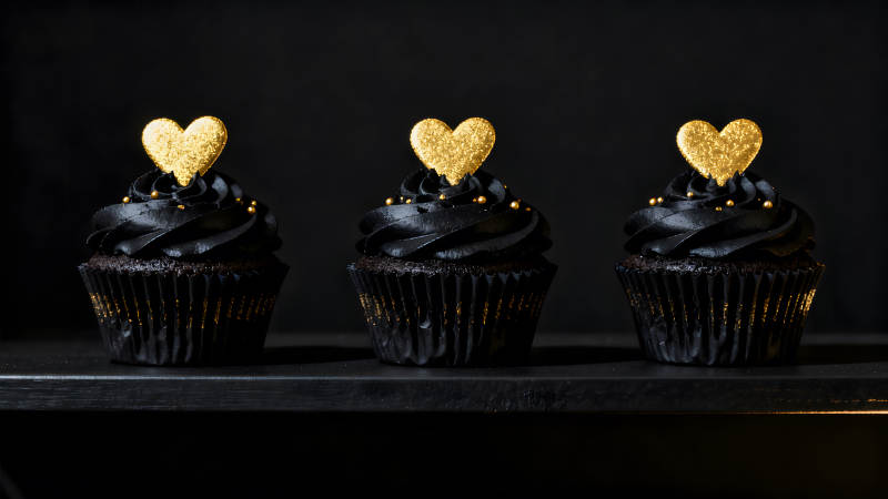 黑色纸杯蛋糕装饰金色爱心-图片