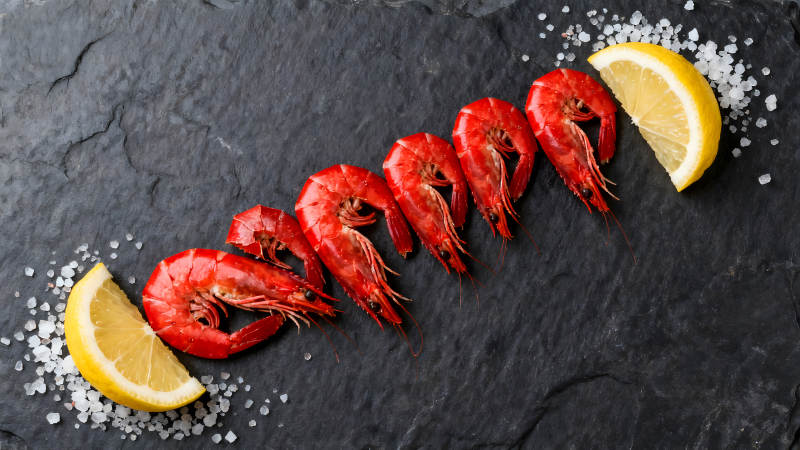 红虾柠檬美食黑石板上静置-图片