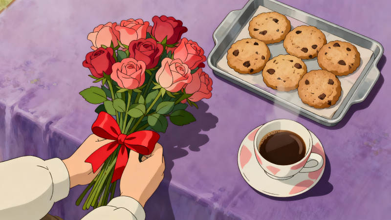 鮮花餅干咖啡的溫馨畫面-圖片