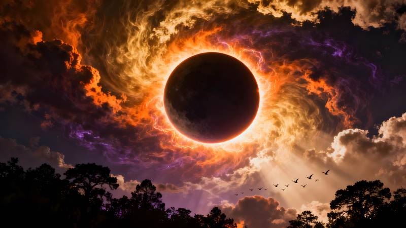 日食奇观鸟类飞翔树木剪影天空奇幻-图片