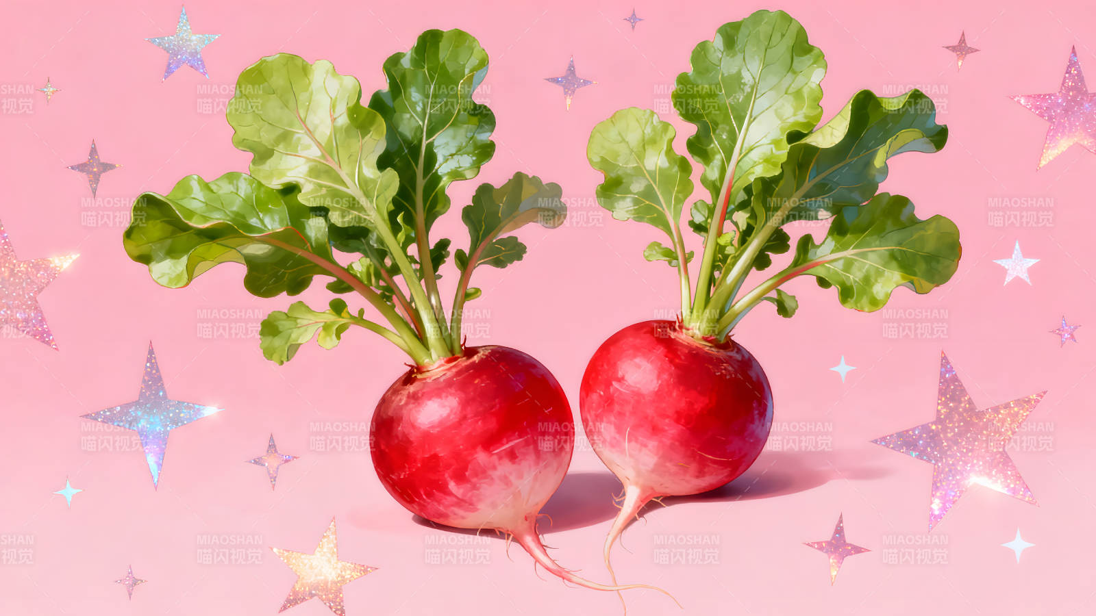 两颗红萝卜搭配星光粉色背景图片