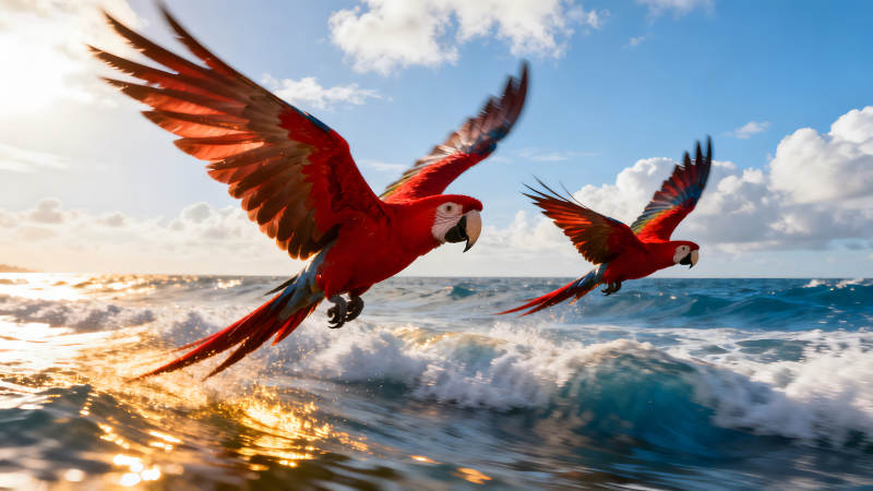 红鹦鹉飞翔海面景象-图片