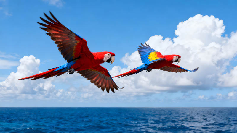 两只鹦鹉翱翔天空大海之上-图片