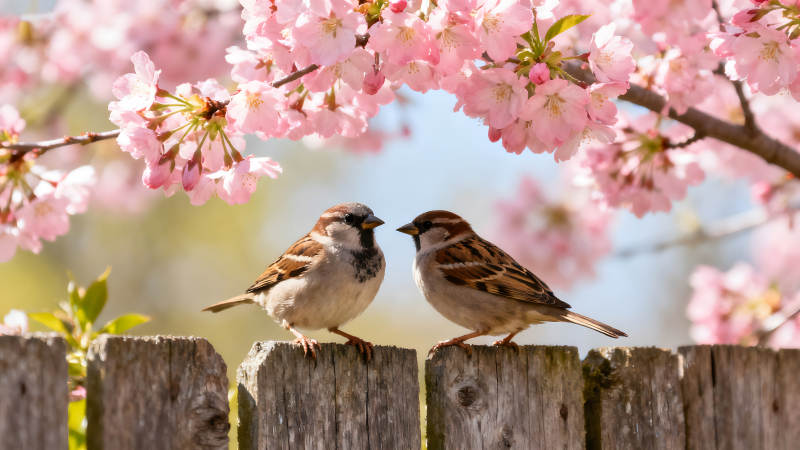 兩只小鳥在櫻花樹下棲息-圖片