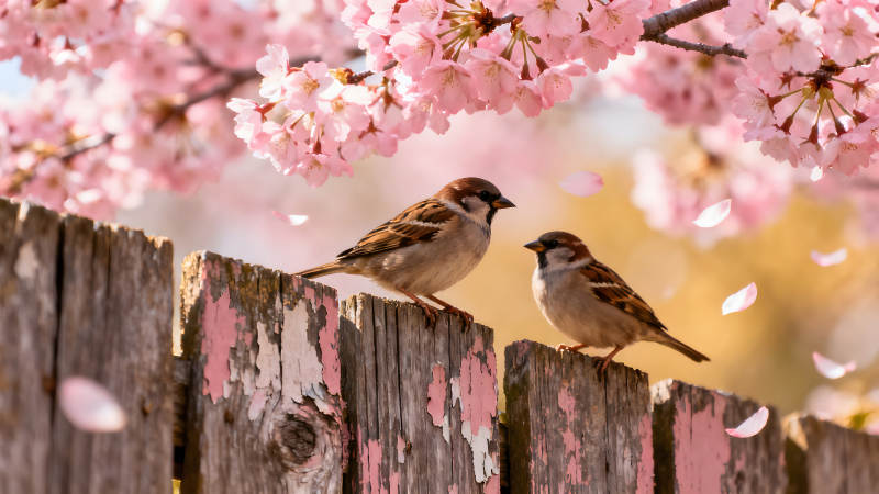 兩只小鳥棲息于木柵欄之上櫻花漫天飛舞-圖片