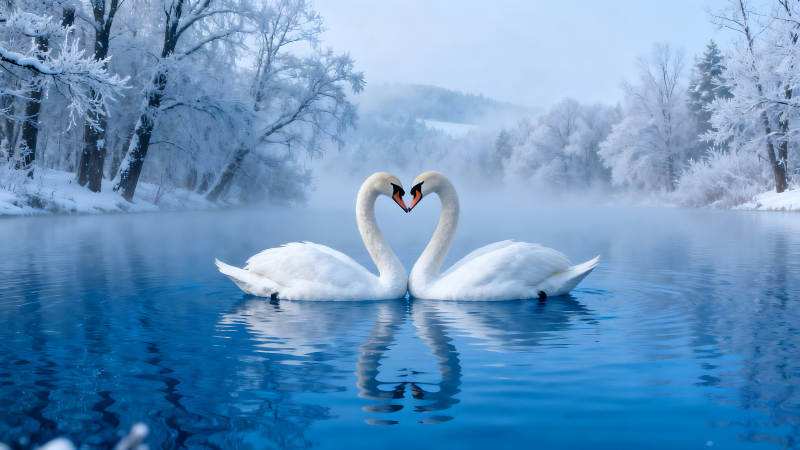 两只天鹅心形姿势在冰雪湖面上-图片