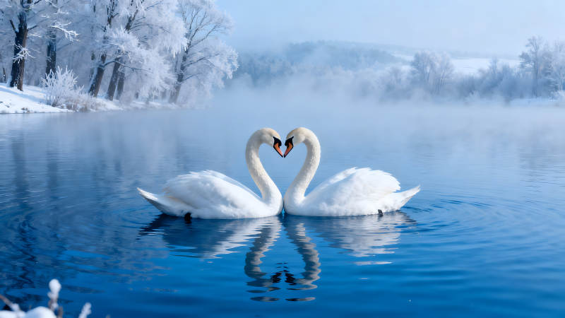 两只天鹅组成的心形冬日湖面图片