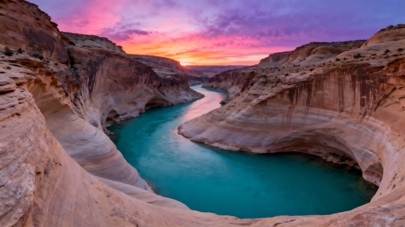 峡谷日落倒影湛蓝河水美景-图片
