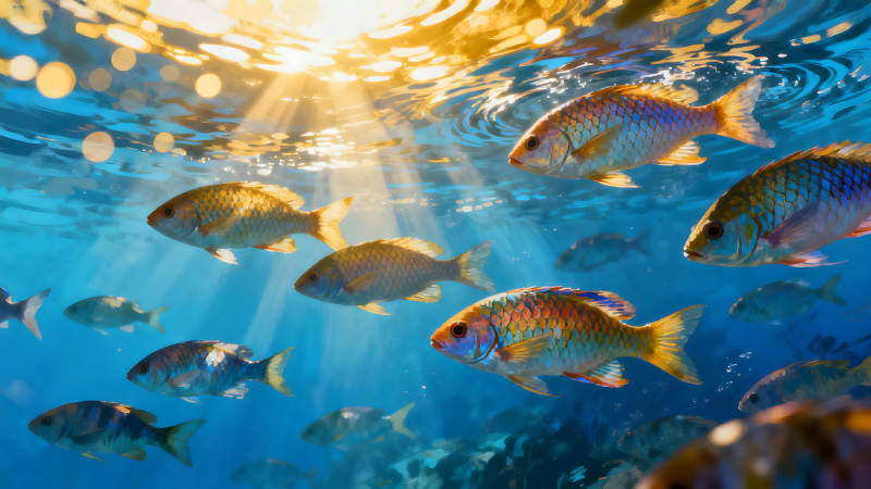 水下魚群陽光照射呈現(xiàn)夢幻景象-圖片