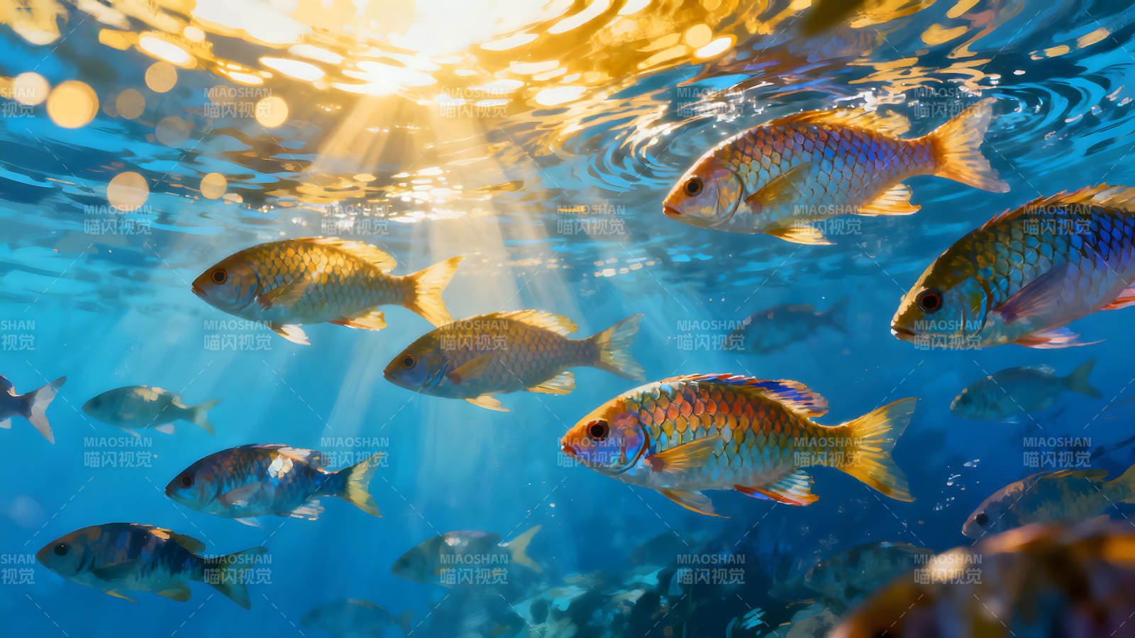 水下魚群陽光照射呈現(xiàn)夢幻景象-圖片