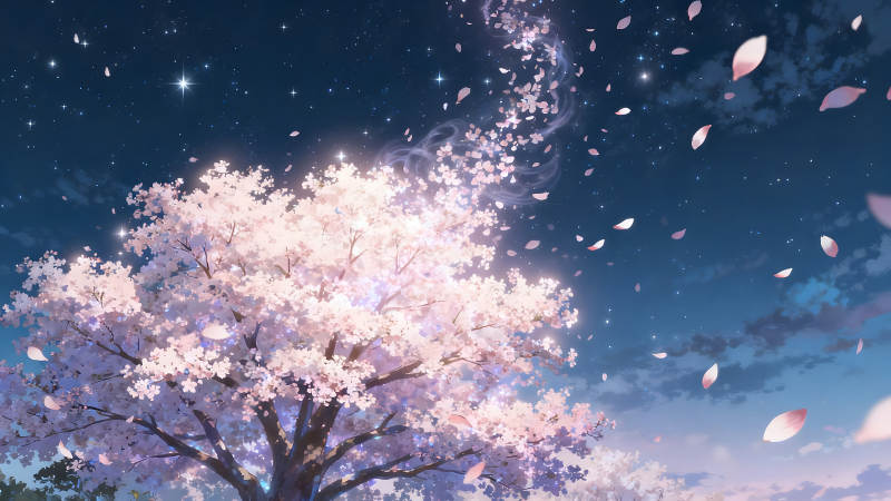 夜幕下樱花绽放星光闪耀-图片