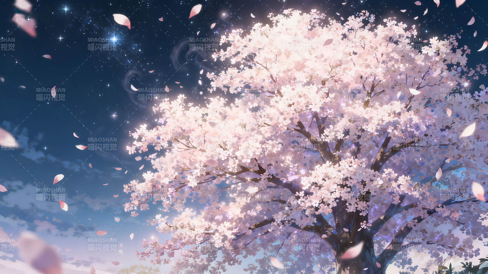 夜樱树下繁星点点粉色花瓣飞舞-图片