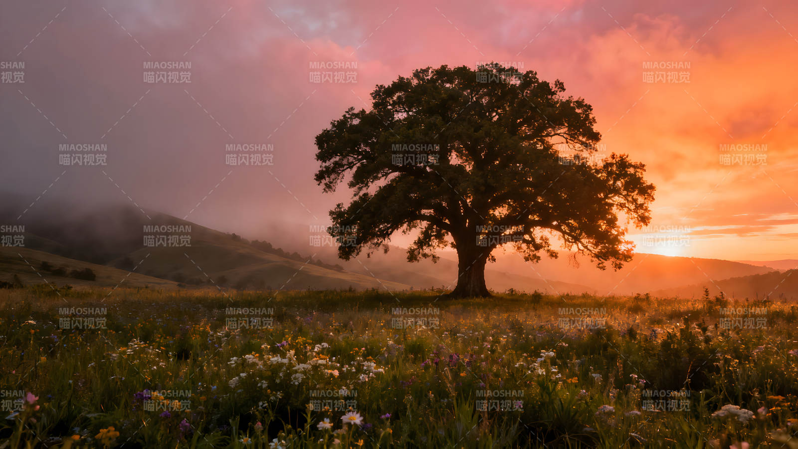 夕阳下的孤树与花海美景图片