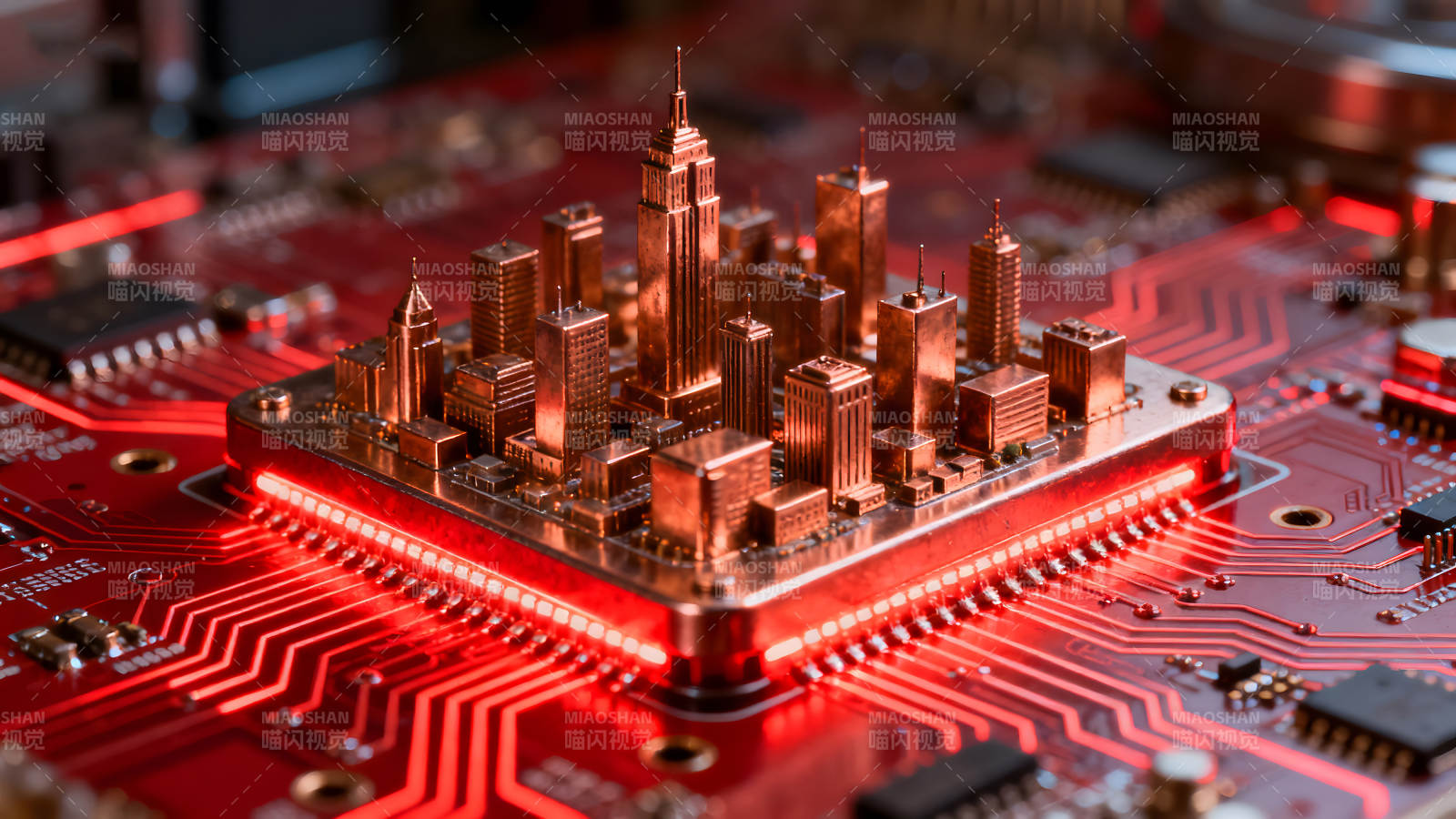 電路板上的微型城市建筑-圖片