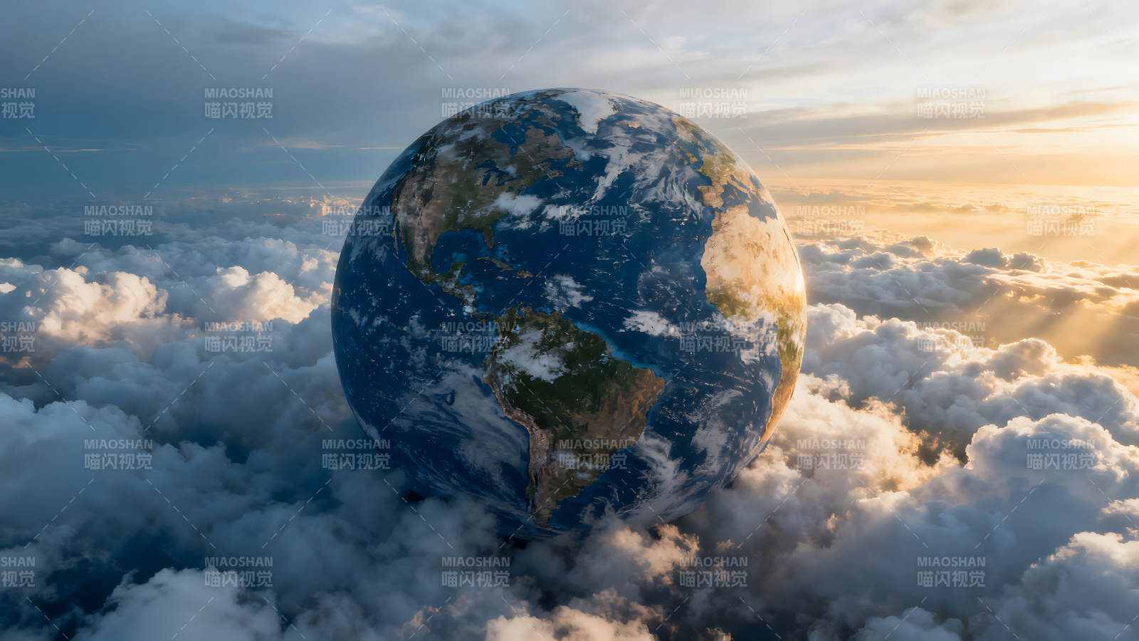地球懸浮云海之上金色光芒照耀-圖片
