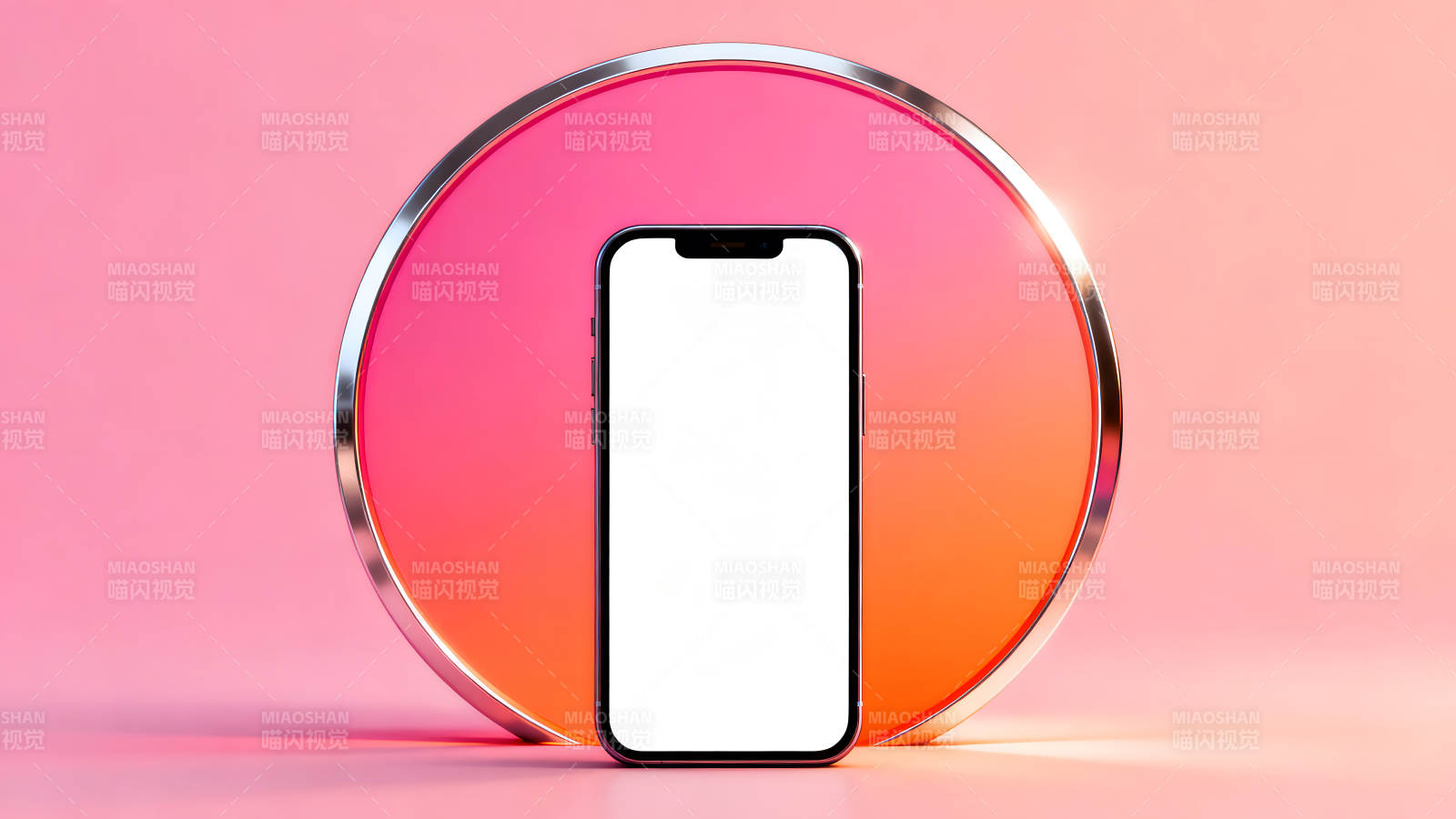 手机置于粉色背景的圆形物体前-图片