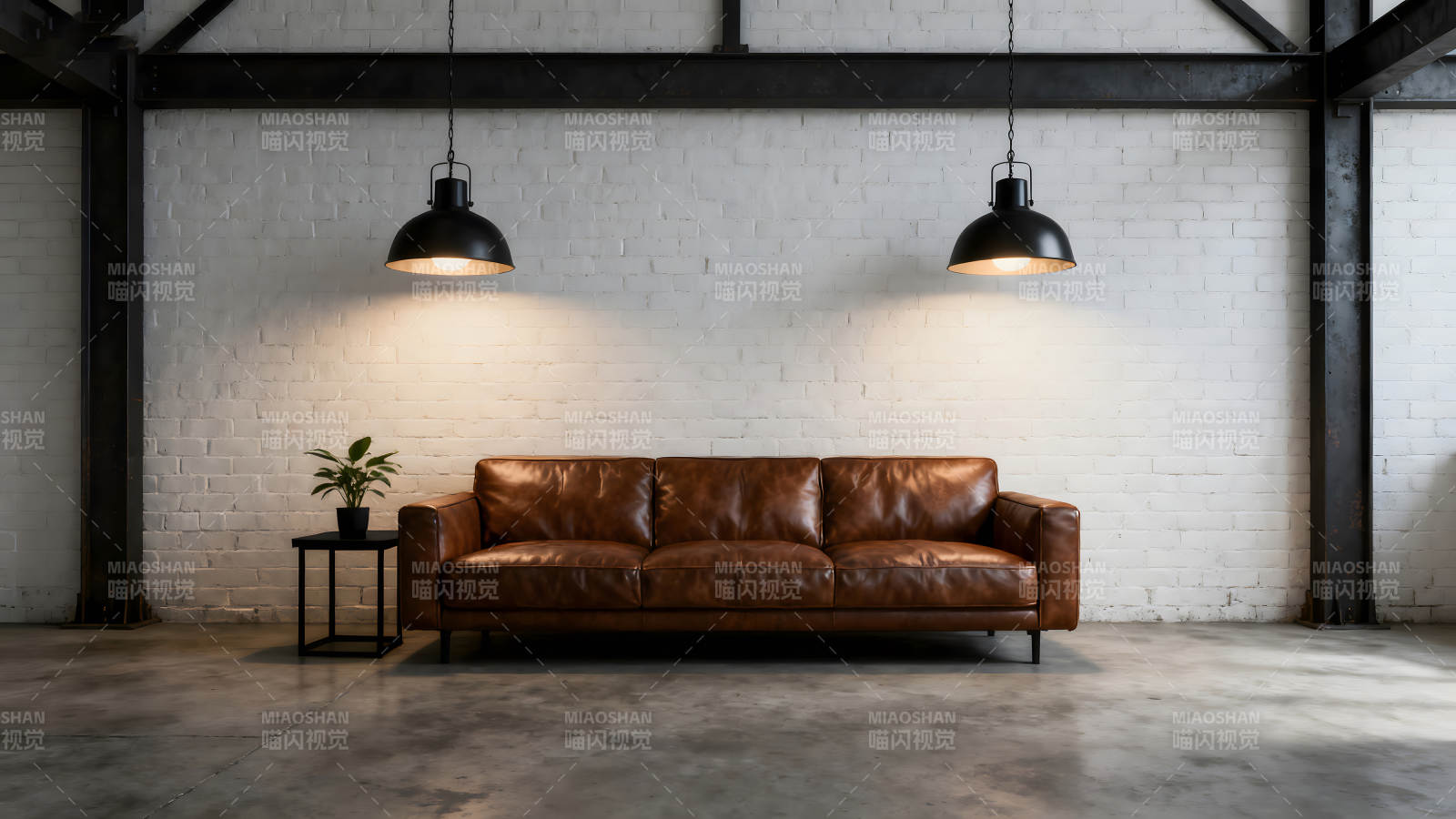 工业风室内设计搭配棕色沙发和灯图片