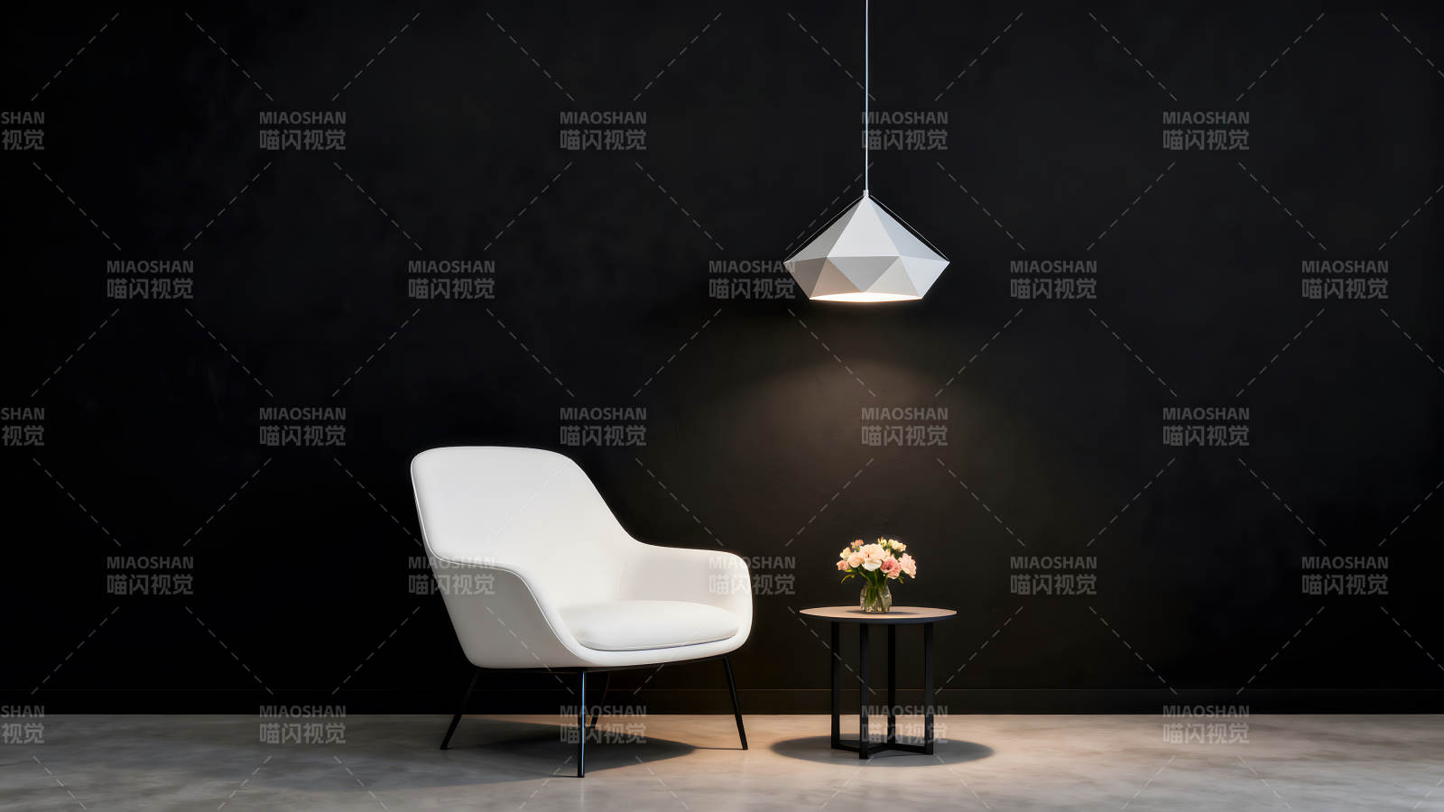 黑墙白椅几何吊灯花束图片