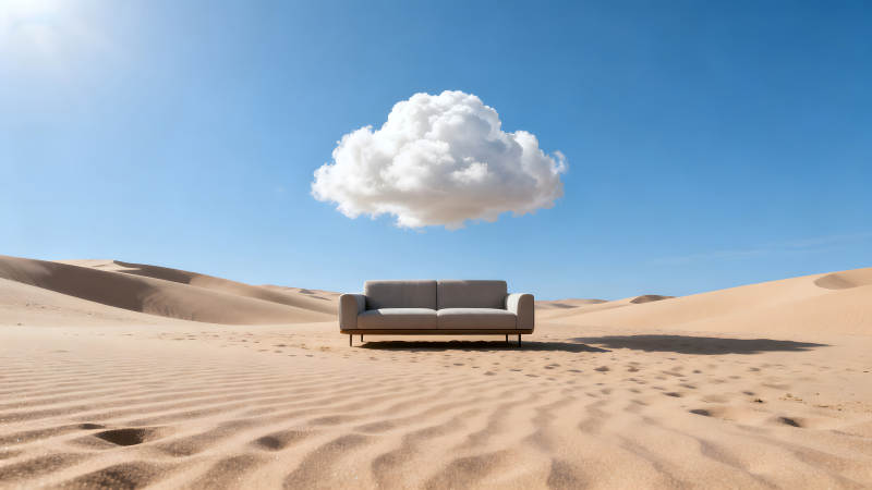 沙漠中的沙发和云朵景象奇特-图片