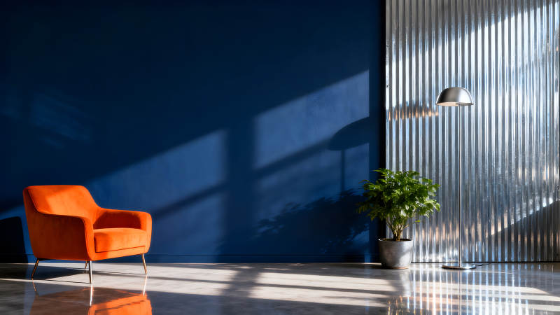 蓝墙橙椅搭配光影交错现代简约风格-图片