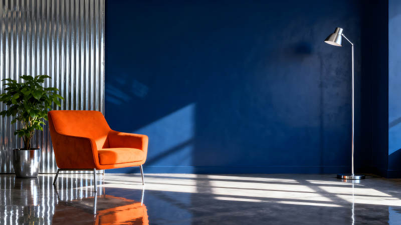 橙色沙发蓝色墙面光影交错-图片