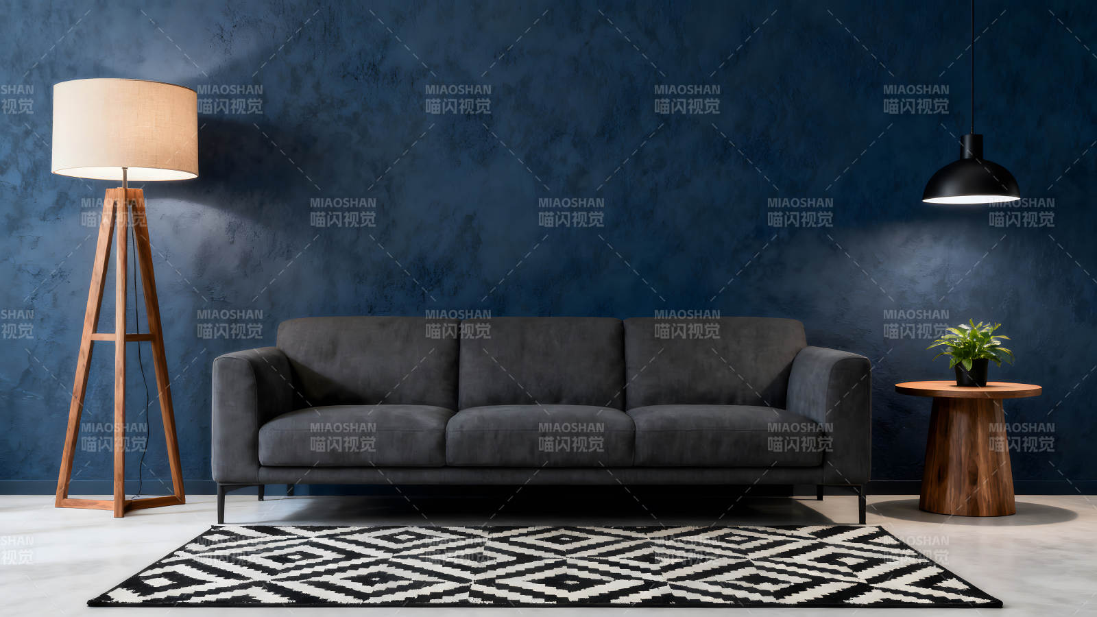 现代简约风格客厅设计优雅蓝色背景图片