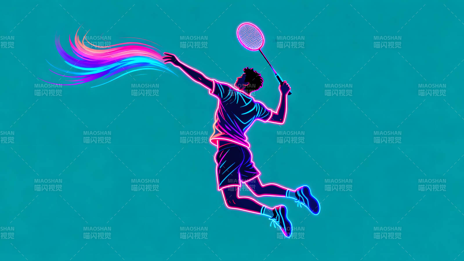 羽毛球运动员跃起击球炫彩特效-图片