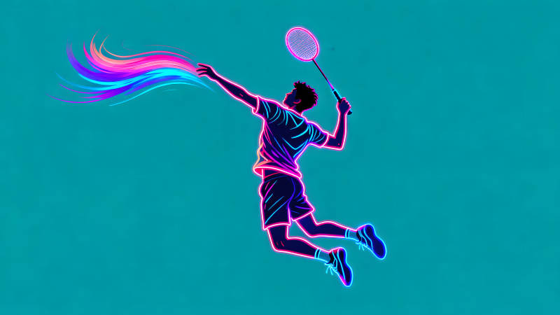 羽毛球運動員躍起擊球炫彩特效-圖片