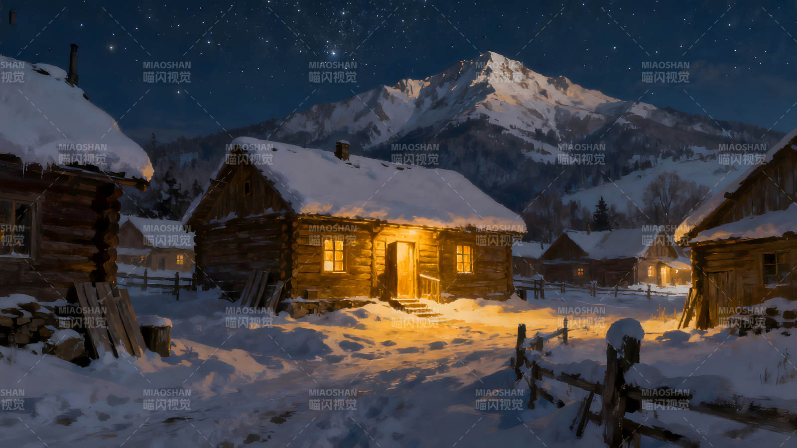 冬夜小屋雪山星空溫暖靜謐-圖片