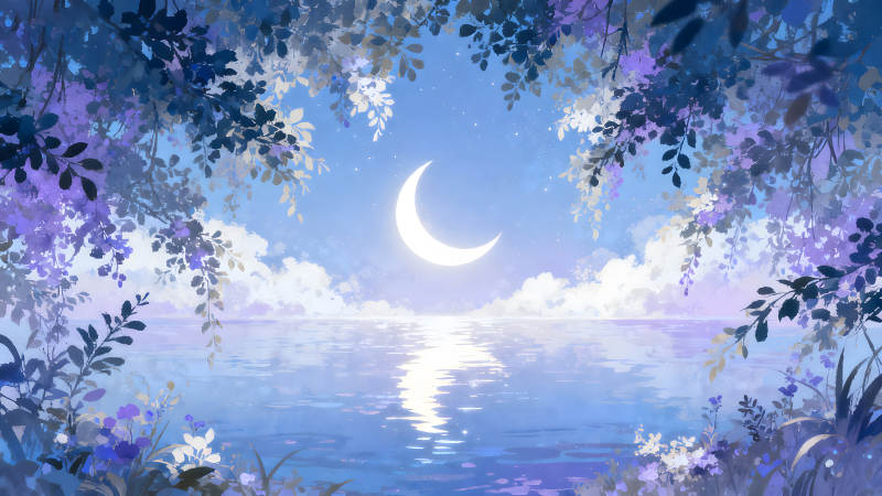 月亮倒映水中夜晚景色優(yōu)美-圖片