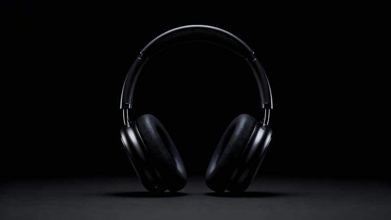 黑色耳机在黑色背景下特写图片