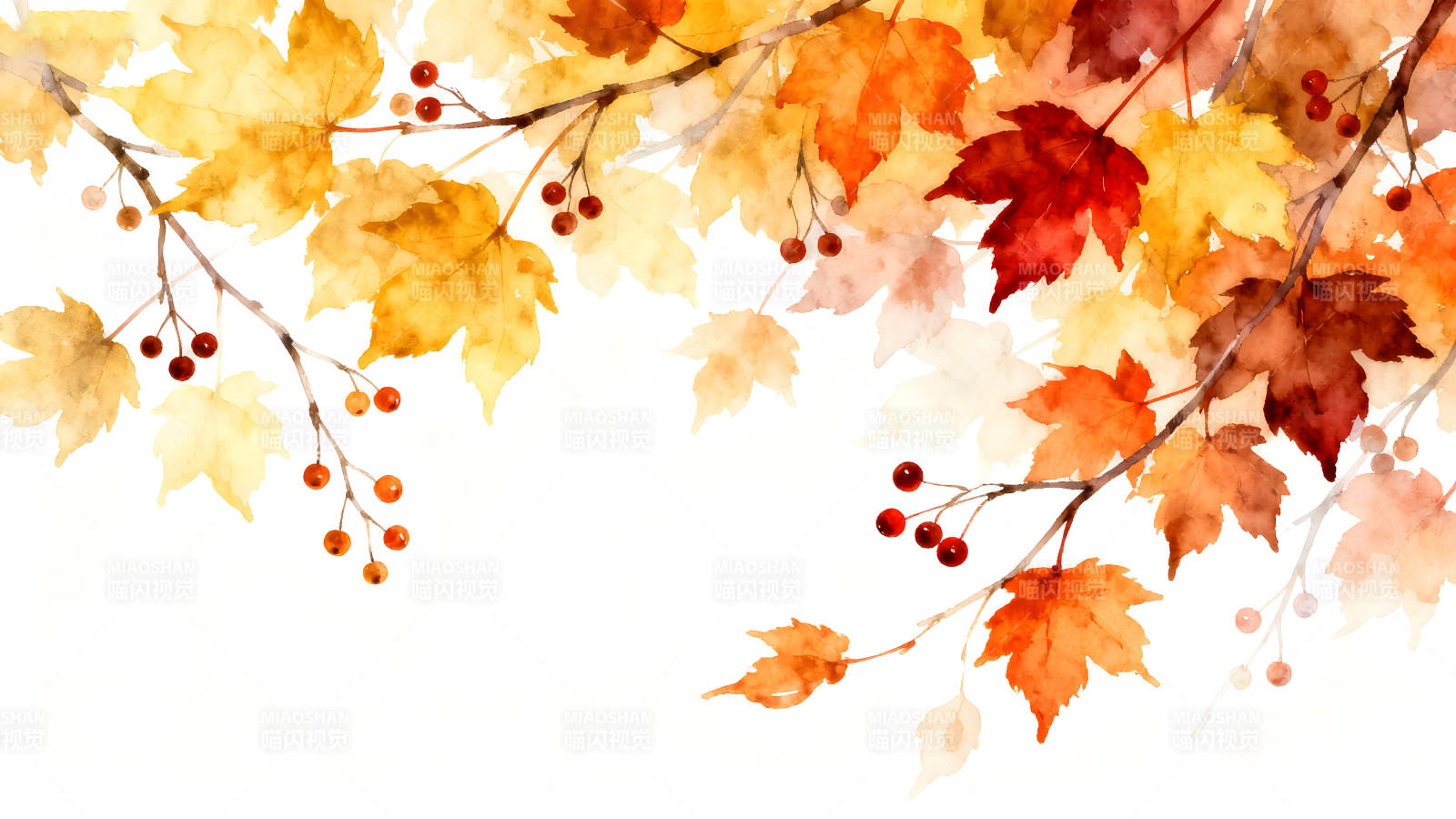 秋日水彩叶子和浆果的背景图片