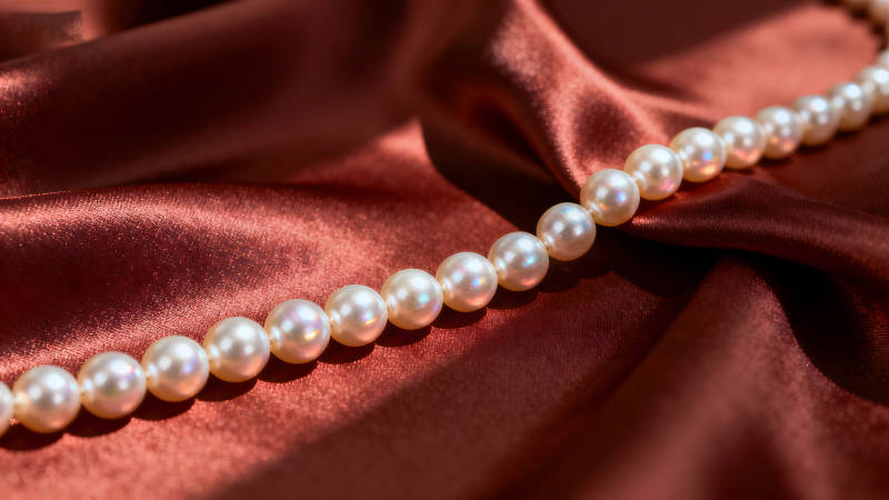 珍珠項鏈在紅綢緞上閃耀-圖片