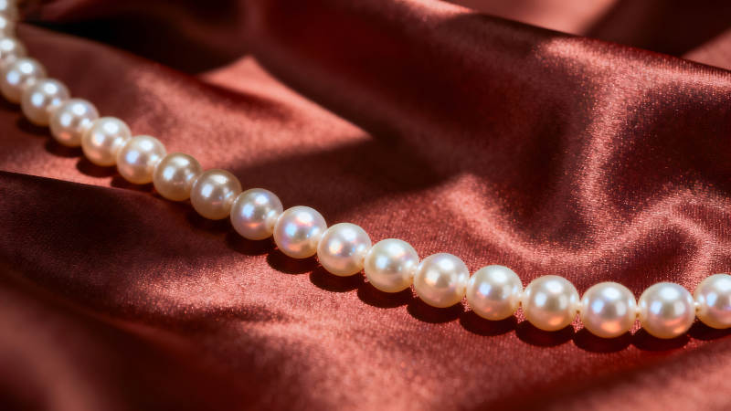 珍珠項鏈在絲綢上閃耀-圖片