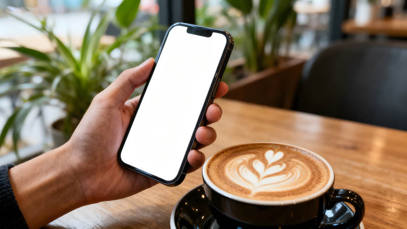 手持手机和咖啡享受惬意时光-图片