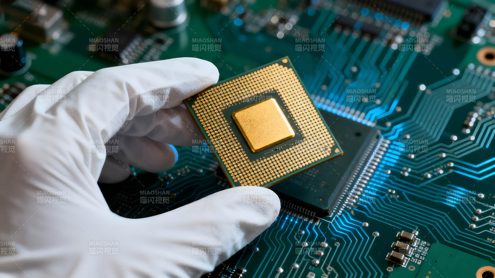手持CPU置于電路板上-圖片